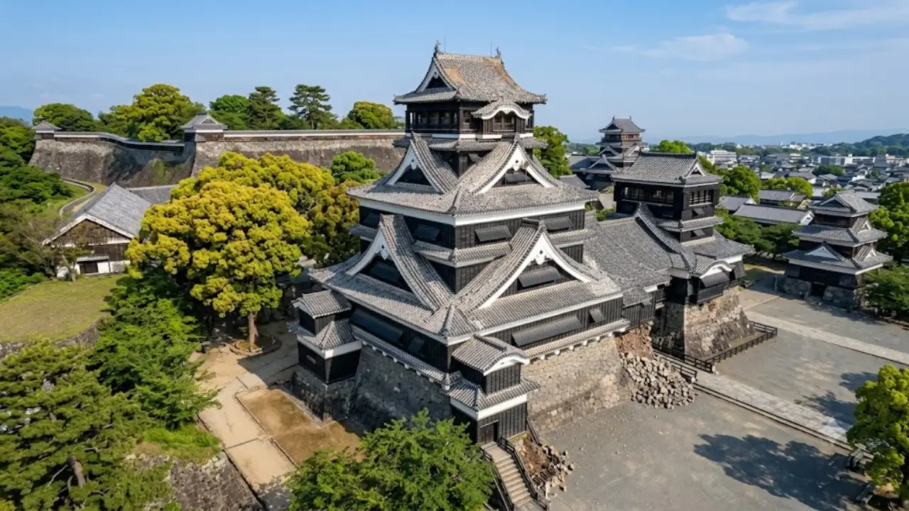 Kumamoto Castle and its gardens seen from above on a clear day